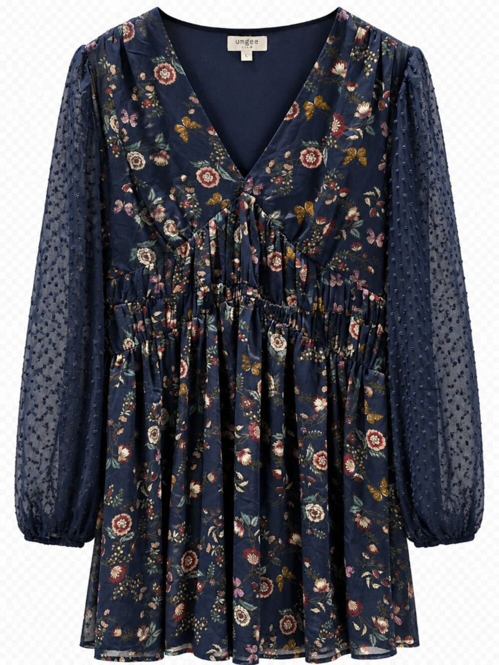 Umgee USA Fall Butterfly Floral, Swiss Dot Long Sleeve Tunic, Sz. L, NWOT